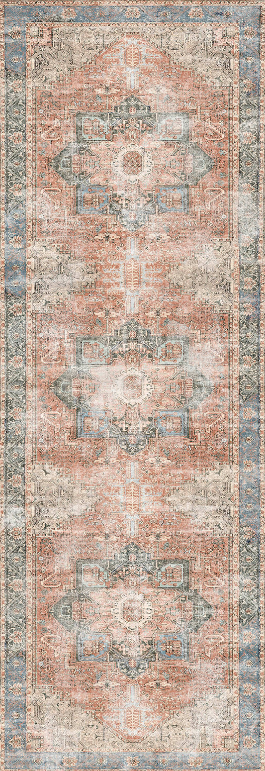 Distressed Vintage Cezanne Terracotta Blue Washable Runner - VITAL 1610-01