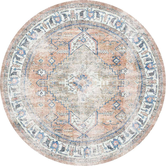 Pissarro Terracotta Blue Washable Round Rug - VITAL 3163-00