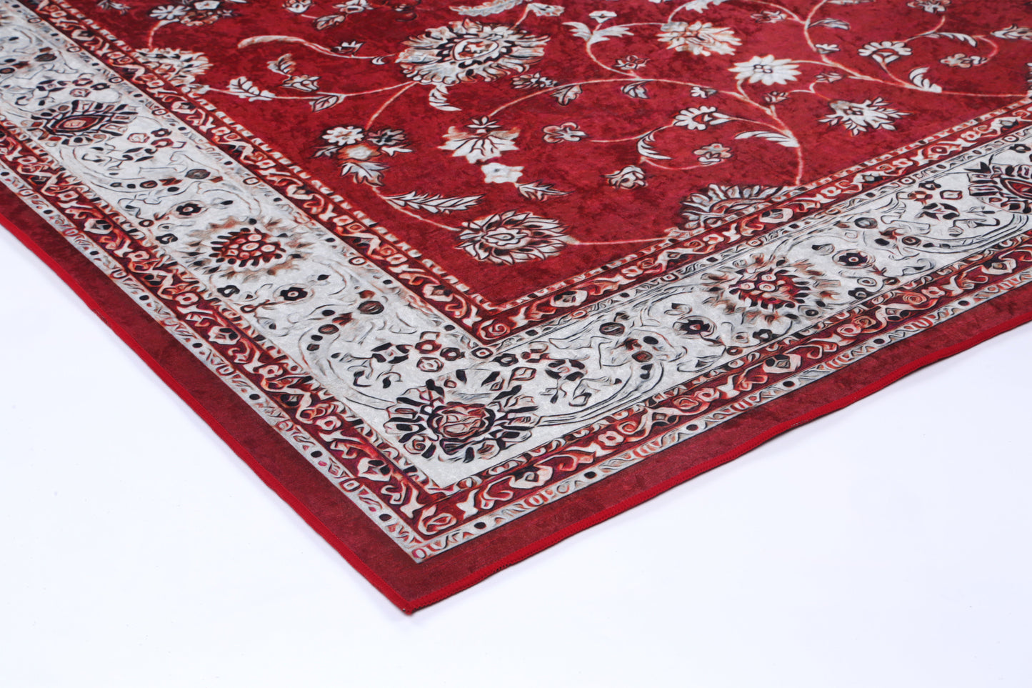 Angelic Traditional Floral Border Red Non-Slip Rug