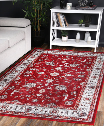 Angelic Traditional Floral Border Red Non-Slip Rug