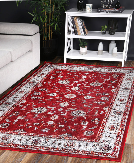 Angelic Traditional Floral Border Non-Slip In Red Rug