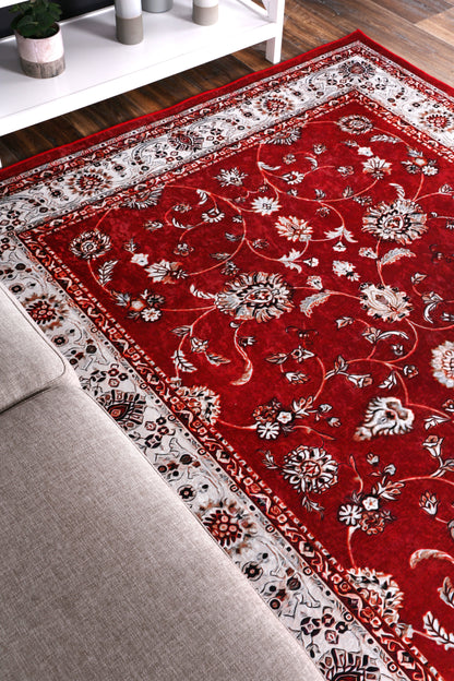 Angelic Traditional Floral Border Red Non-Slip Rug