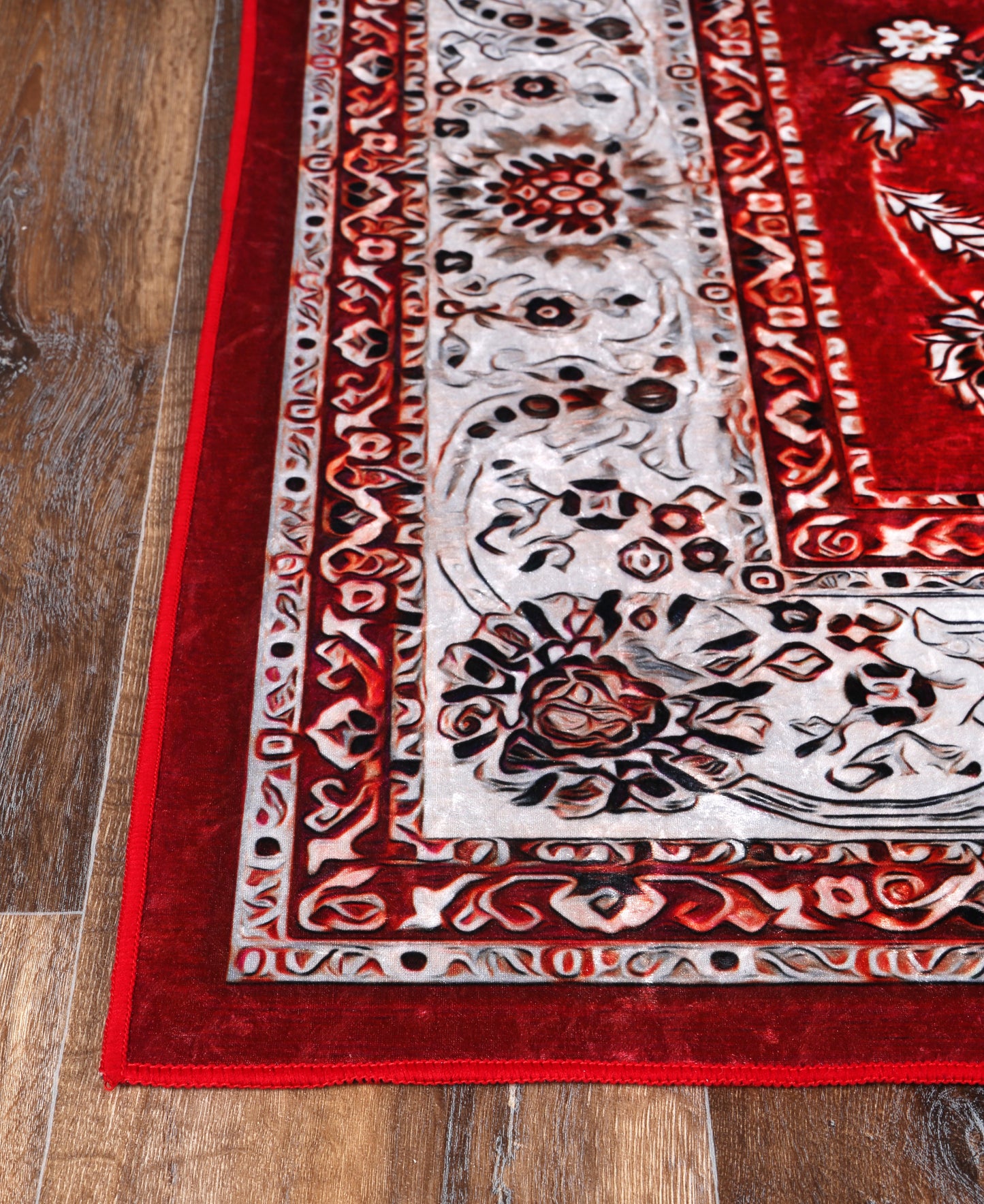 Angelic Traditional Floral Border Red Non-Slip Rug