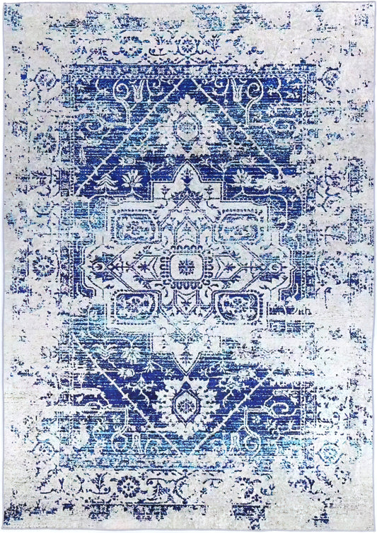 Angelic Distressed Traditional Non-Slip In Navy White Rug