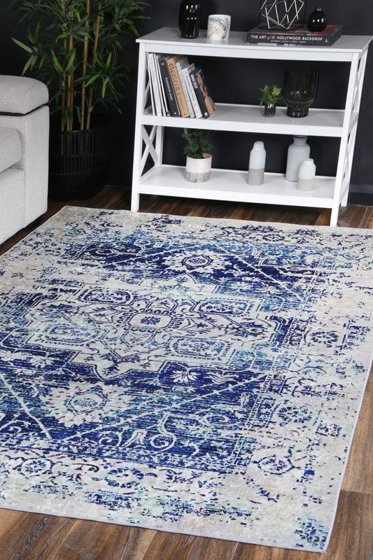 Angelic Distressed Traditional Non-Slip In Navy White Rug