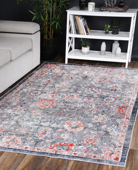 Angelic Distressed Floral Multi Non-Slip In Grey Rug