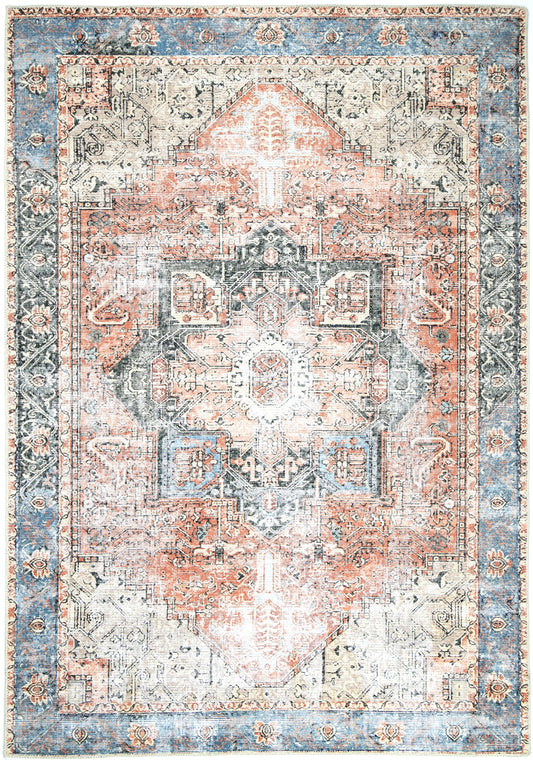 Distressed Vintage Cezanne Terracotta Blue Washable Rug - VITAL 1610-01